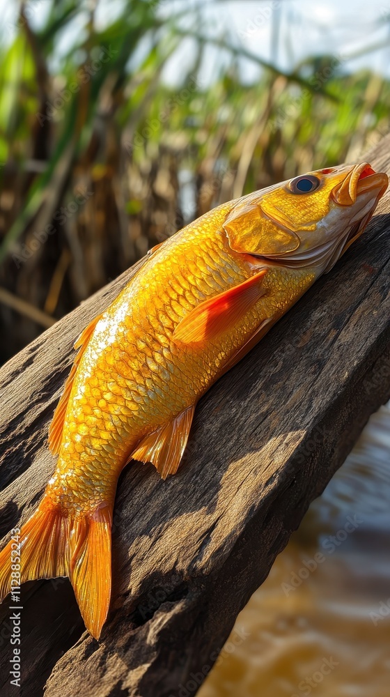 Golden Fish on Wooden Log Near River Golden Fish on Wooden Log Near River