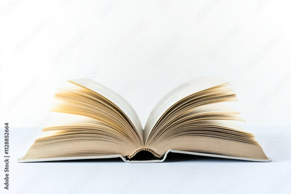 Open book on white surface, pages fanned out with soft shadows. Open book on white surface, pages fanned out with soft shadows.