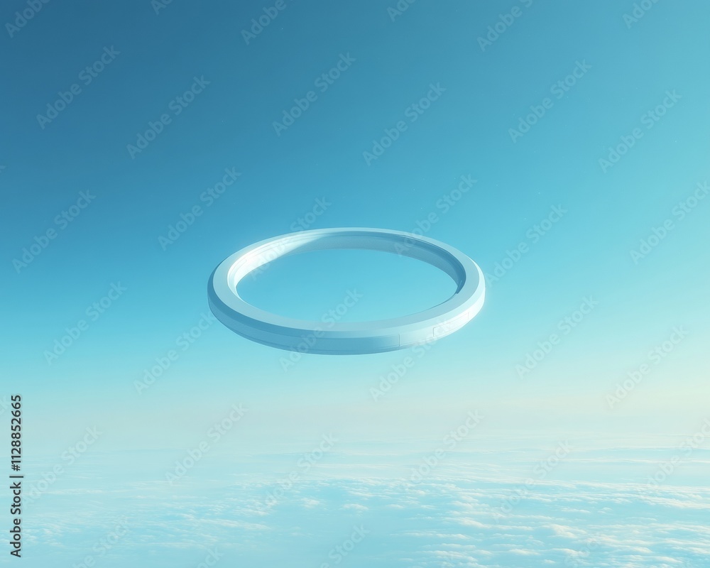 Futuristic Space Station Ring over Cloudscape in Blue Sky Futuristic Space Station Ring over Cloudscape in Blue Sky