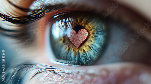 A close-up of a teary eye reflecting a broken heart symbol. photo