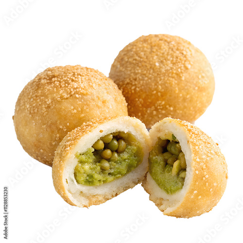 A pair of golden sesame balls with one cut open to reveal mung bean filling, placed neatly side-by-side, isolated on transparent background photo