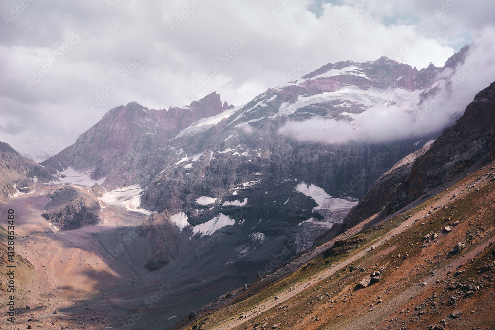 the landscape of a mountain valley with snowy mountain peaks the landscape of a mountain valley with snowy mountain peaks