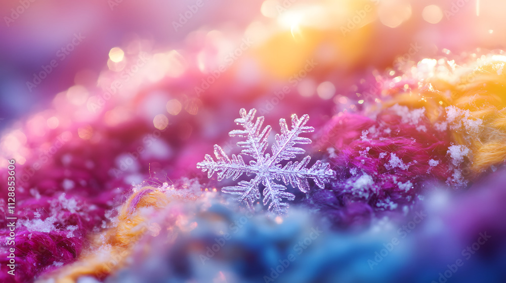 A cluster of snowflakes sparkling on a wool scarf in vibrant sunlight. A cluster of snowflakes sparkling on a wool scarf in vibrant sunlight.