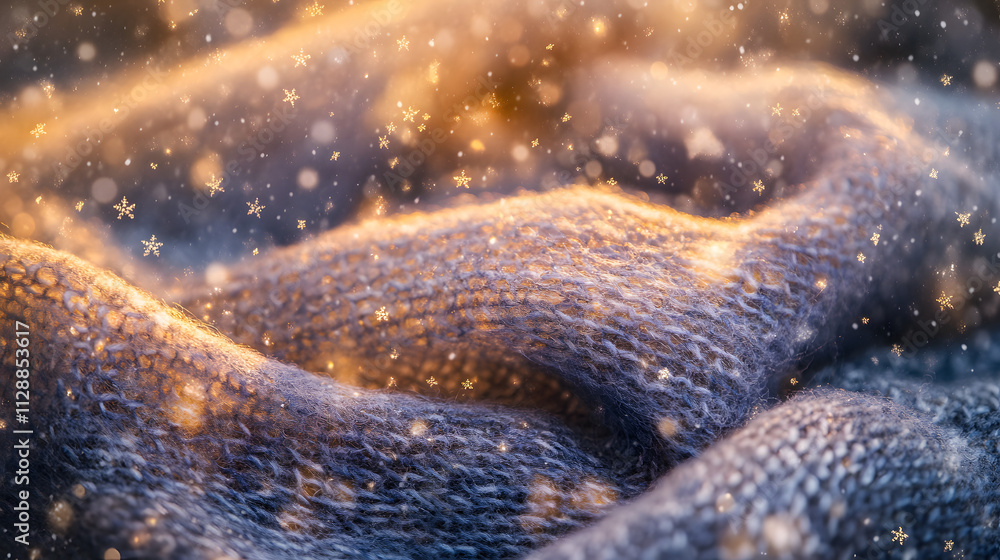 A cluster of snowflakes sparkling on a wool scarf in vibrant sunlight. A cluster of snowflakes sparkling on a wool scarf in vibrant sunlight.