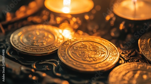 Close-Up of Vintage Gold Coins on Decorative Black Surface with Candles photo