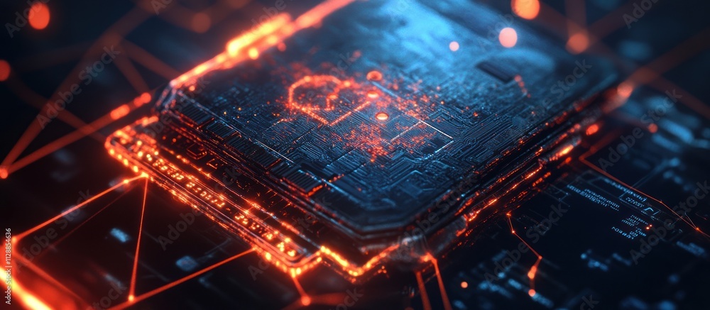 Obraz premium Glowing digital microchip close-up.