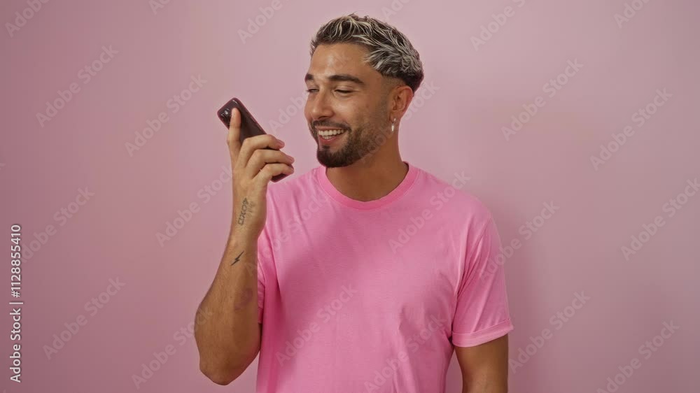 Young man with beard sending voice message on mobile phone against isolated pink background Young man with beard sending voice message on mobile phone against isolated pink background
