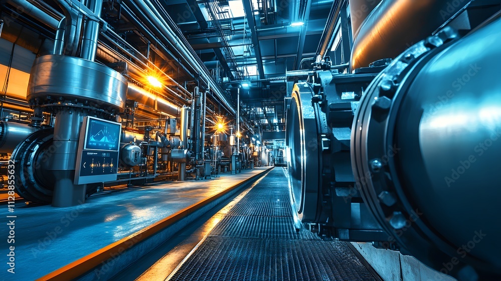 A visual representation of an industrial setting with IoT systems managing energy consumption, featuring energy-efficient machinery and monitoring dashboards A visual representation of an industrial setting with IoT systems managing energy consumption, featuring energy-efficient machinery and monitoring dashboards