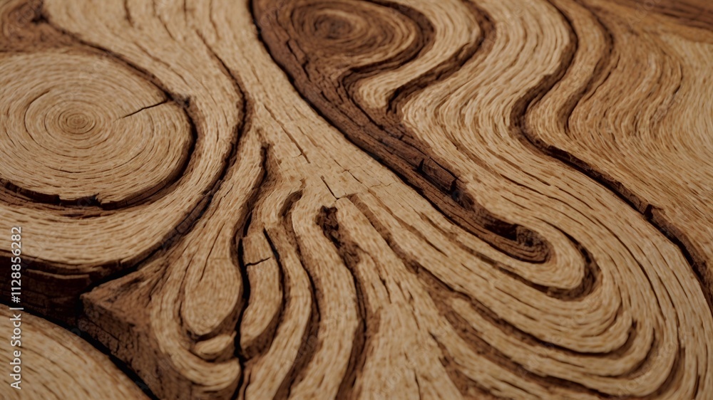 Obraz premium Close-up of natural wood grain patterns with swirling lines and textured rings, featuring warm brown and beige tones. Ideal for backgrounds and design elements. Generative AI