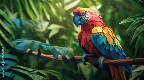 A colorful, low-poly parrot perched on a branch amidst lush greenery. photo