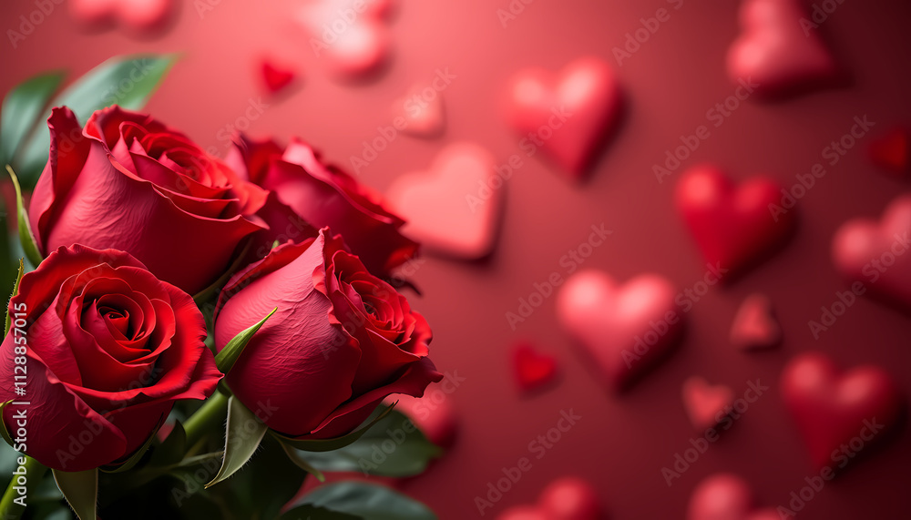Romantic bouquet of red roses with heart decorations on a warm background for love themes Romantic bouquet of red roses with heart decorations on a warm background for love themes