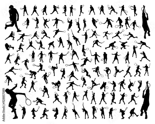 Black silhouettes of tennis players on a white background