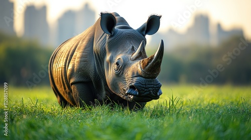 A majestic white rhinoceros rests in a grassy field, with a city skyline in the background. photo