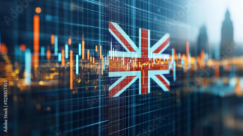 The image features the Union Jack flag overlaying financial graphs and cityscape, symbolizing the UK's economic or market trends and financial activities.