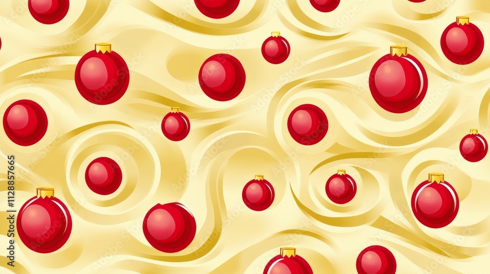 Festive red ornaments on gold swirl background for holiday celebration Festive red ornaments on gold swirl background for holiday celebration