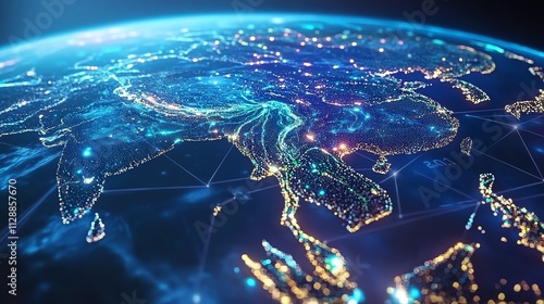 ASEAN nations mapped on a digital globe focus on unity futuristic blend mode over digital network lines