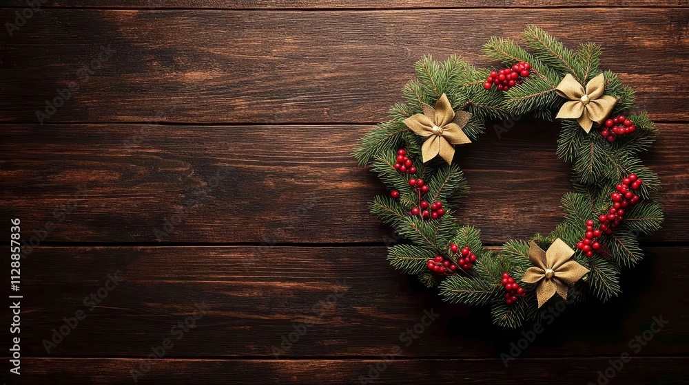Rustic christmas wreath on wooden background with pine cones and festive red berries Rustic christmas wreath on wooden background with pine cones and festive red berries