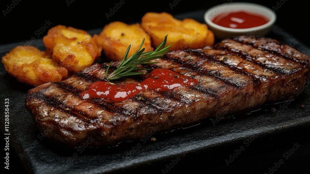 Grilled steak with crispy potatoes and tomato sauce on a dark plate. Grilled steak with crispy potatoes and tomato sauce on a dark plate.