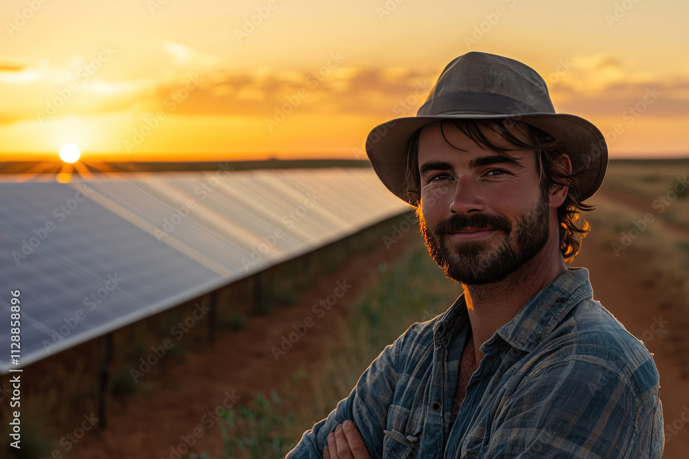 Modern farmer and sustainability concept. modern farmer smiling beside solar panels at sunset, showcasing sustainable agriculture Modern farmer and sustainability concept. modern farmer smiling beside solar panels at sunset, showcasing sustainable agriculture