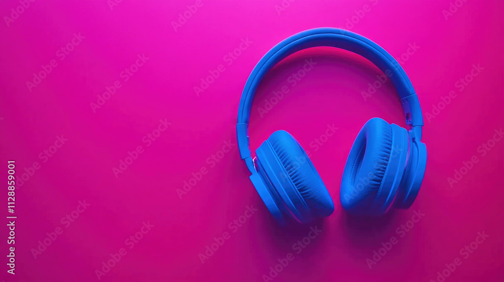 Bright electric blue headphones on a vibrant neon pink background create a youthful atmosphere Bright electric blue headphones on a vibrant neon pink background create a youthful atmosphere