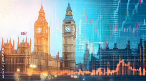 Big Ben and the UK Parliament with financial graphs overlay, symbolizing the intersection of politics and market dynamics in London.