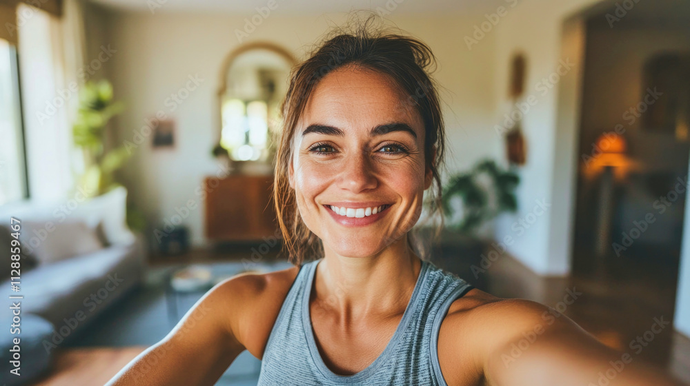 Fitness enthusiast captures joyful moment in cozy home setting with bright smile Fitness enthusiast captures joyful moment in cozy home setting with bright smile