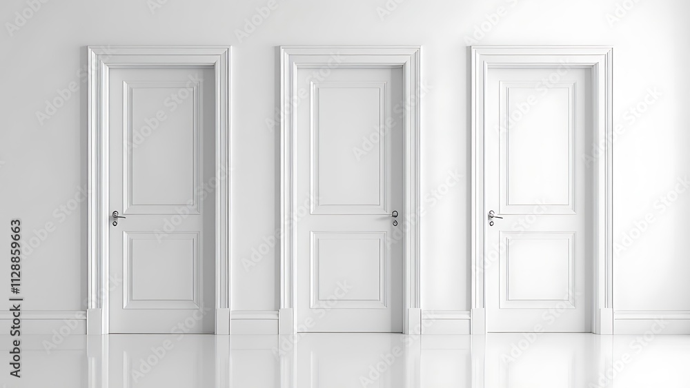 Three white closed doors lined up against a plain wall in a minimalist interior setting, showcasing simple design and elegance. Three white closed doors lined up against a plain wall in a minimalist interior setting, showcasing simple design and elegance.