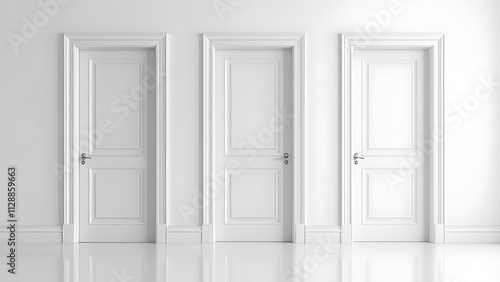 Three white closed doors lined up against a plain wall in a minimalist interior setting, showcasing simple design and elegance.