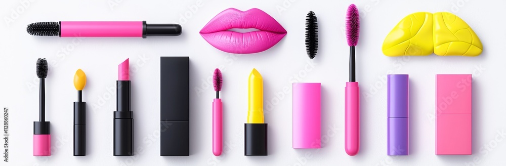 Obraz premium This is a set of png images of lipstick, face skincare cream, brushes and foundation. The morning female facial hygiene graphic is personal rendered.