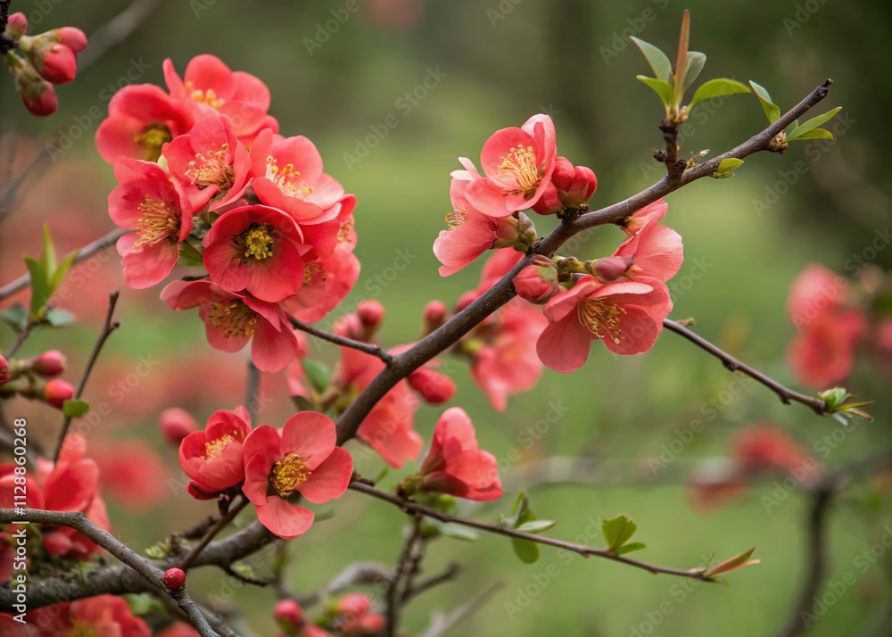 Close-Up of Vibrant Red Japanese Quince Blooms Against a Soft Green Background in Low Light, Capturing the Essence of Spring's Beauty and Nature's Delicate Details Close-Up of Vibrant Red Japanese Quince Blooms Against a Soft Green Background in Low Light, Capturing the Essence of Spring's Beauty and Nature's Delicate Details