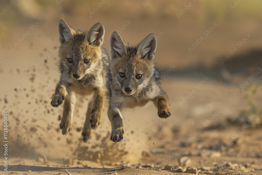 Obraz premium Baby jackal cubs running.