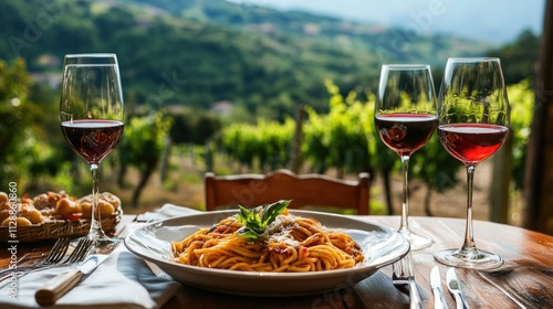 Romantic Italian dinner with pasta, red wine, and scenic vineyard view.