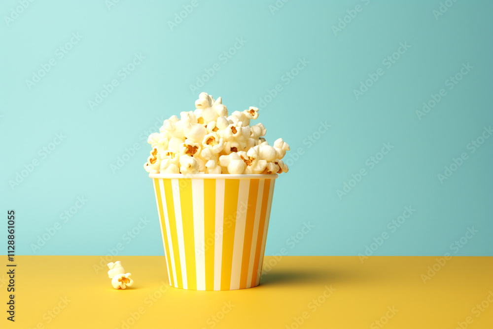A minimalist image featuring yellow popcorn against a blue background, creating a vibrant and playful contrast. The image evokes the essence of movie time and entertainment
