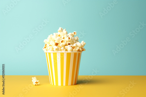 Obraz na płótnie A minimalist image featuring yellow popcorn against a blue background, creating a vibrant and playful contrast. The image evokes the essence of movie time and entertainment w salonie