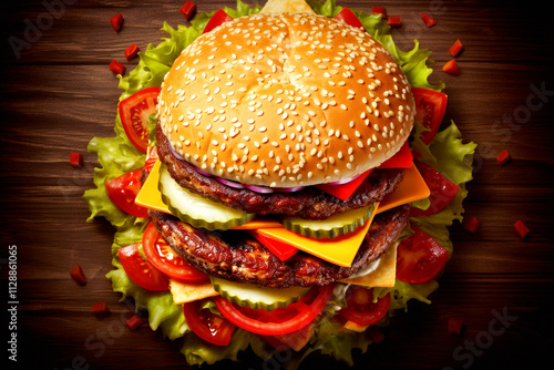A top view of a delicious hamburger on a wooden plank, with bright colors highlighting the fresh ingredients. The wooden background adds a rustic touch, perfect for food-related content