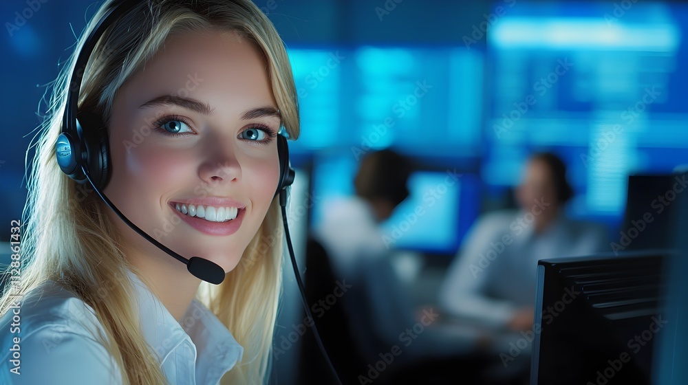 A woman wearing a headset is smiling A woman wearing a headset is smiling