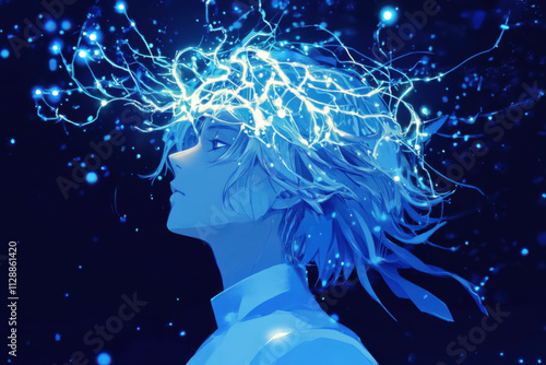 Futuristic human had with luminous brain network. Concept for Mindfulness. Modern illustration. Minimalism, deep blue colors.