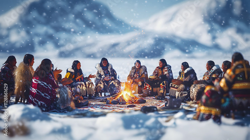 A Heartwarming Inupiat Community Gathering Around a Fire Amidst a Beautiful Snow-Covered Landscape Sharing Stories and Foods photo