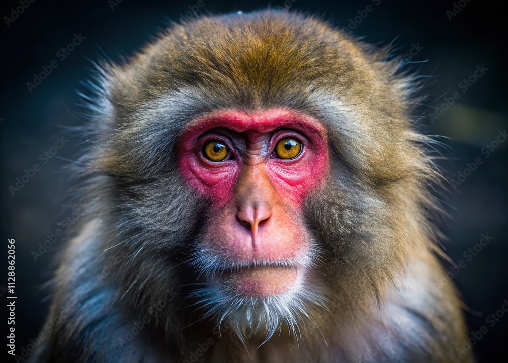 Fototapeta premium Close-Up Portrait of a Japanese Macaque with Intense Eyes Captured in Low-Light Conditions, Showcasing Natural Beauty and Intriguing Expressions