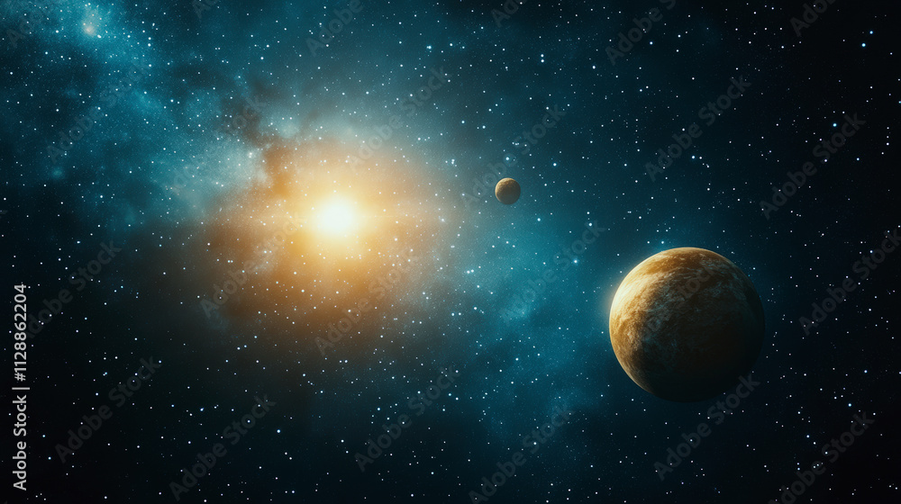 A stunning view of space showcasing a bright star, two planets, and the vast, starry expanse of the universe. A stunning view of space showcasing a bright star, two planets, and the vast, starry expanse of the universe.