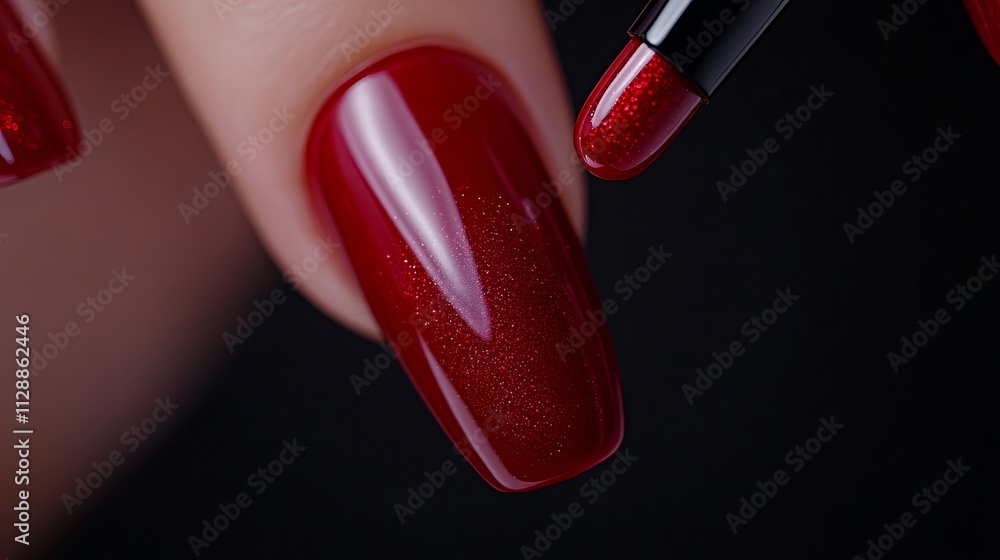 Obraz premium Close-up of elegant red nail polish with glitter accents, showcasing a well-manicured hand against a dark background.