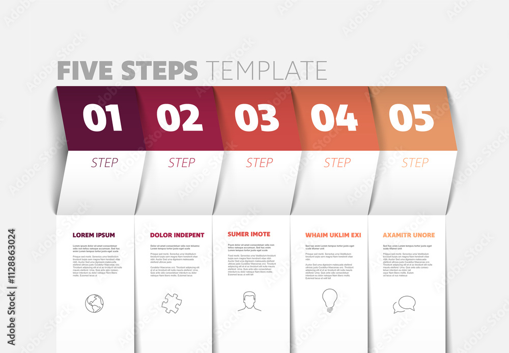 Five red progress block steps on folded paper stripes template with descriptions and icons