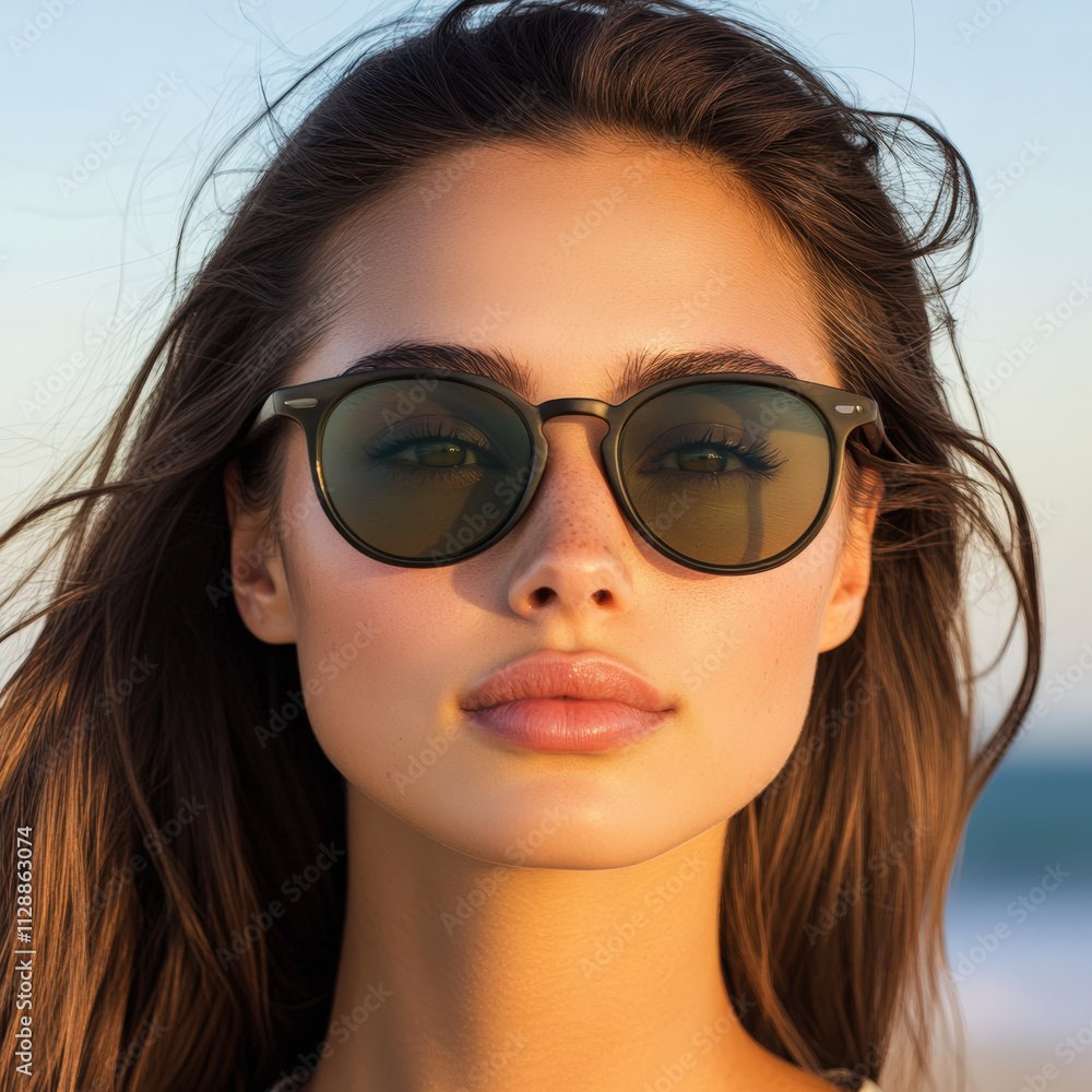 A person wearing stylish sunglasses stands against a beach backdrop, hair blowing in the breeze, capturing a serene and trendy summer vibe. A person wearing stylish sunglasses stands against a beach backdrop, hair blowing in the breeze, capturing a serene and trendy summer vibe.