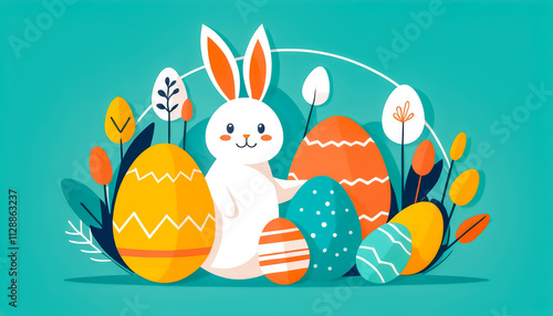 Easter card with rabbit and Easter eggs, flat style