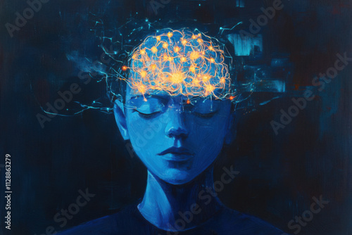 Futuristic human had with luminous brain network. Concept for Mindfulness. Modern illustration. Minimalism, deep blue colors.