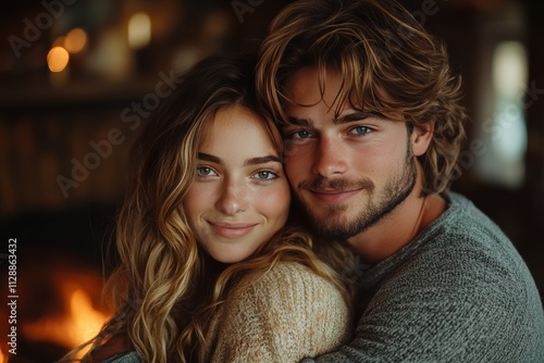 Young couple embraces by a warm fireplace in a cozy living room setting