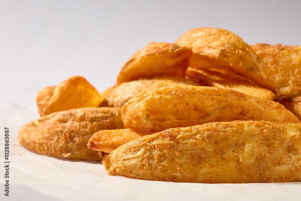 Golden and crispy potato wedges served on white paper. Golden and crispy potato wedges served on white paper.