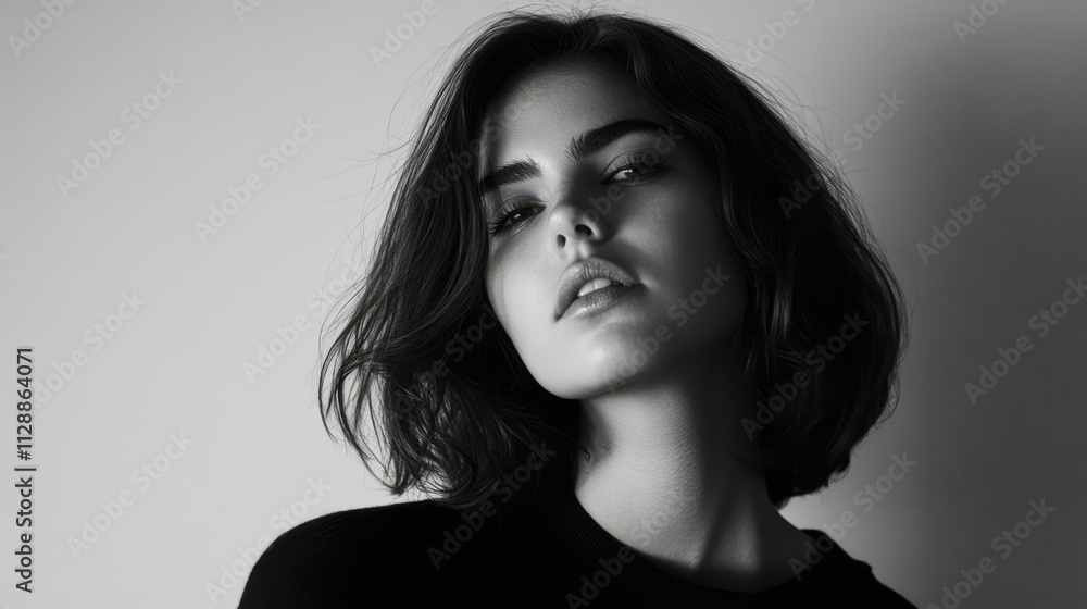 Minimalist portrait of a woman with a neutral expression in natural light against a white background Minimalist portrait of a woman with a neutral expression in natural light against a white background