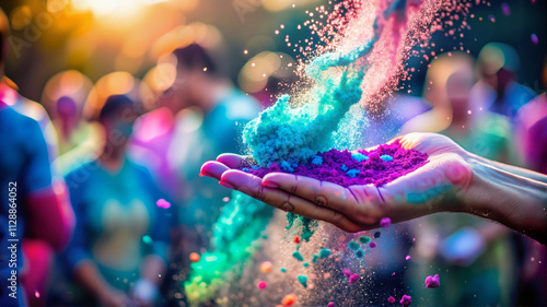 Hand throwing colorful powder in air photo