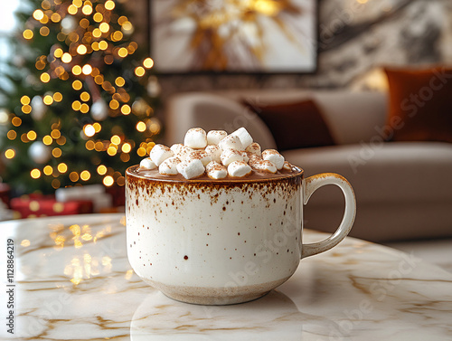 Wallpaper Mural A cozy scene with a cup of cocoa topped with marshmallows, placed on an open book with a festive red and white pattern. The background features a warm fireplace and Christmas decorations Torontodigital.ca